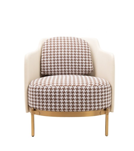 Fotel VENICE tkanina pepitka              biało-brązowa - złota podstawa, beżowa ekoskóra