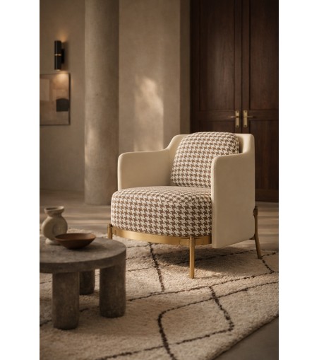 Fotel VENICE tkanina pepitka              biało-brązowa - złota podstawa, beżowa ekoskóra