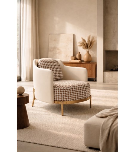 Fotel VENICE tkanina pepitka              biało-brązowa - złota podstawa, beżowa ekoskóra