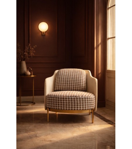 Fotel VENICE tkanina pepitka              biało-brązowa - złota podstawa, beżowa ekoskóra
