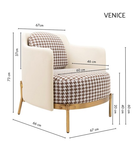 Fotel VENICE tkanina pepitka              biało-brązowa - złota podstawa, beżowa ekoskóra