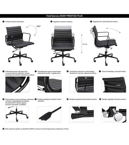 Fotel biurowy BODY PRESTIGE PLUS czarny  - skóra naturalna, aluminium