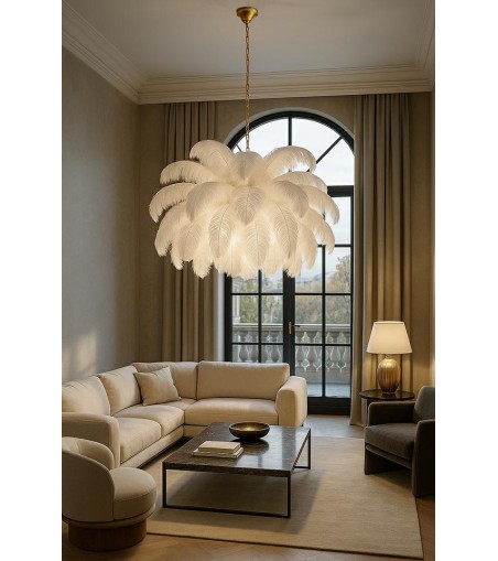 MOOSEE lampa wisząca TIFFANY 135 biała    mosiądz / naturalne pióra