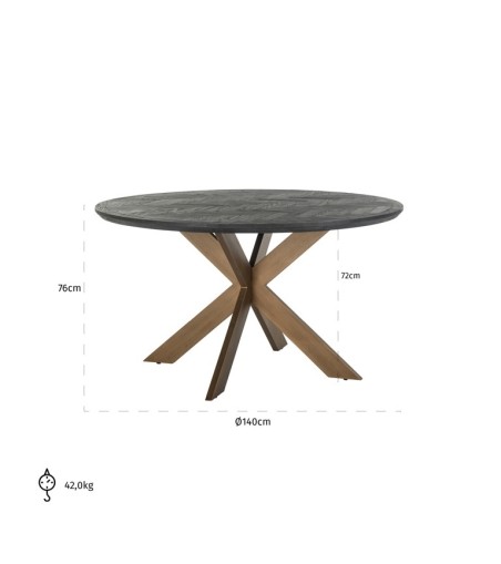 RICHMOND stół jadalniany BLACKBONE BRASS - 140, fornir dębowy, mosiądz, metal