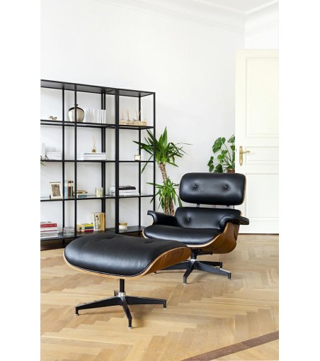 Fotel LOUNGE HM czarny / orzech  z podnóżkiem