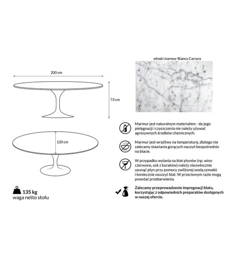 Stół TULIP ELLIPSE MARBLE CARRARA biały - blat owalny marmurowy, metal