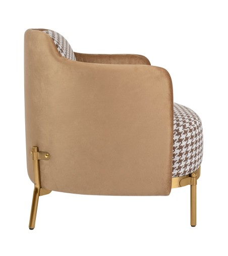 Fotel VENICE tkanina pepitka biało-brązowa - złota podstawa