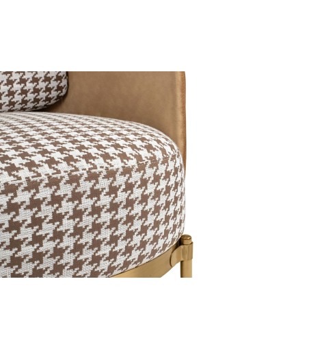 Fotel VENICE tkanina pepitka biało-brązowa - złota podstawa