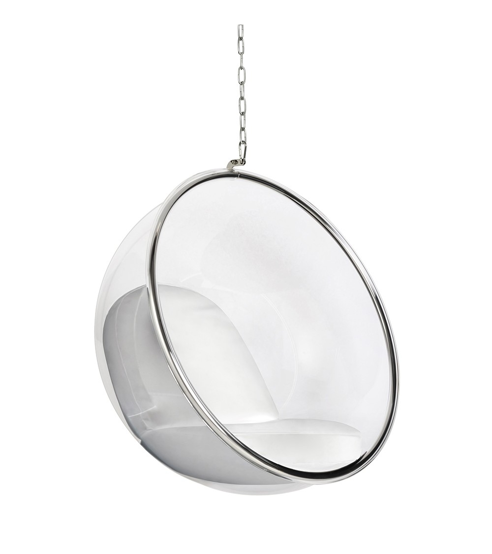 Fotel wiszący BUBBLE poduszka  biała - korpus akryl, poduszka ekoskóra