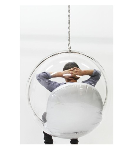 Fotel wiszący BUBBLE poduszka  biała - korpus akryl, poduszka ekoskóra