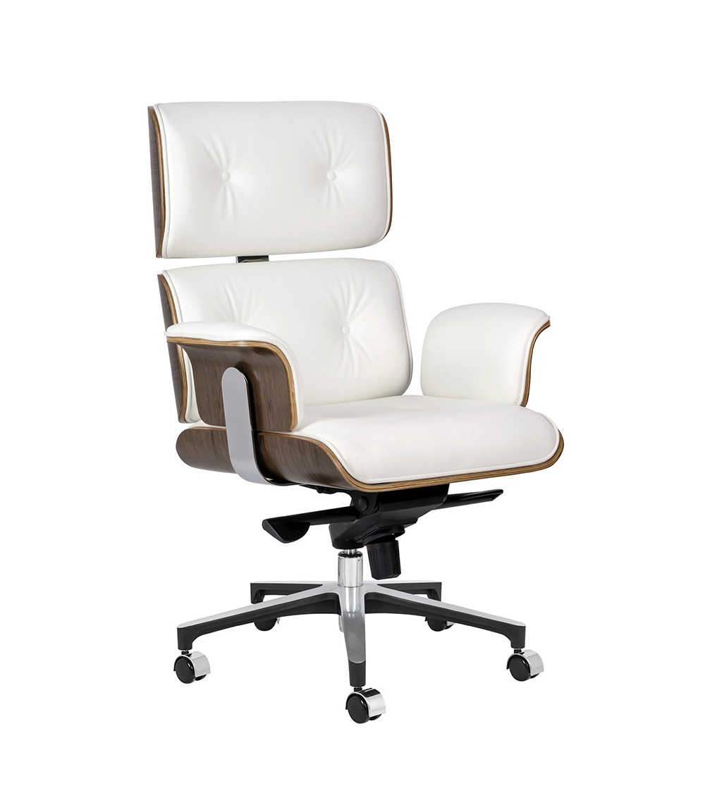 Fotel biurowy LOUNGE BUSINESS biały - sklejka orzech,włoska skóra naturalna, stal polerowana