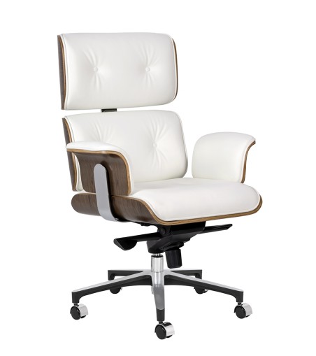 Fotel biurowy LOUNGE BUSINESS biały - sklejka orzech,włoska skóra naturalna, stal polerowana